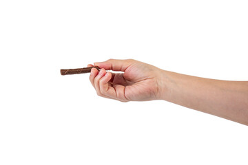 Chocolate bar in hand on transparent background