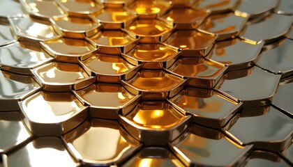 Abstract Hexagonal Sculpture Made From Reflective Silver And Gold Panels