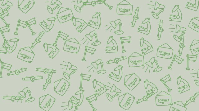 Seamless pattern with sciencethemed microscopes, lamps, and flags. Suitable for educational material, scientific presentations, and stationery designs.