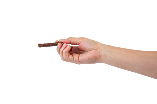 Chocolate bar in hand on transparent background