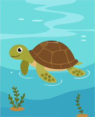 Peaceful turtle swimming underwater vector-style illustration for book cover