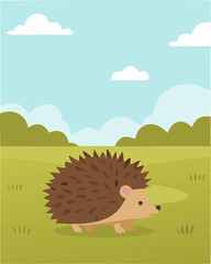 Little hedgehog strolling in the field  vector-style cartoon for book cover