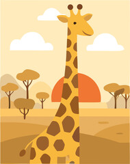 Tall giraffe wandering the savanna  vector-style cartoon for book cover