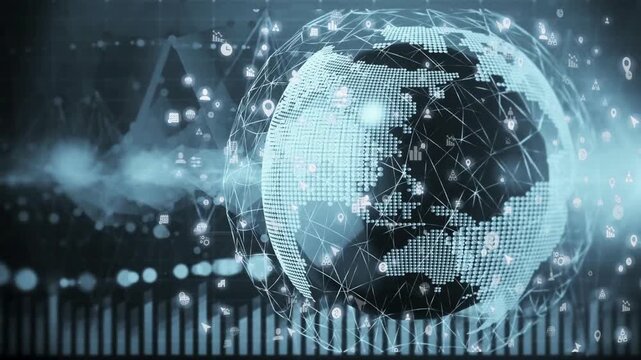 Futuristic digital earth rotating with network lines and business symbols symbolizing global communication and internet economy connectivity - Powered by Adobe