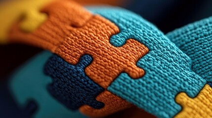 Close-up of interlocking puzzle pieces in various colors, showcasing texture and detail. The image emphasizes connection and unity.