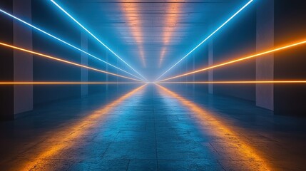 Laser beam modulation creates symmetrical interference patterns with cyan and amber light frequencies converging through architectural corridor perspective vanishing point