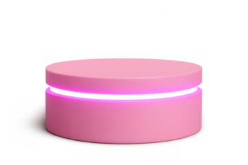 Pink round podium displaying product, stand with neon glowing light on transparent background, 3d rendering