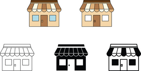 Fototapeta premium A delightful collection of four colorful, flat-style business storefront vector illustrations representing retail shops, small local stores, or commercial building facades.