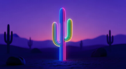 Colorful neon cactus glows brightly in desert landscape with mountain backdrop