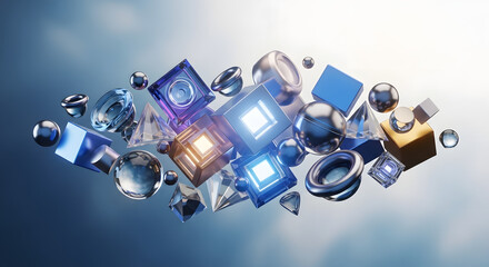 Abstract geometric shapes 3d render of metal glass and crystal floating art