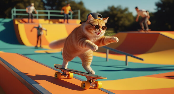 Cool orange cat with sunglasses skateboarding down ramp at outdoor skatepark
