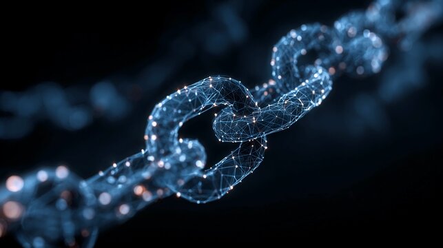 Abstract chain links with glowing nodes symbolizing blockchain technology and secure connections for digital security and data integrity concepts
