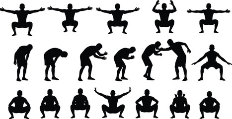 Collection of male fitness silhouettes showing squatting, bending, stretching, and athletic body movement poses for exercise, workout, sport, and training design projects