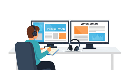 Young student attending a virtual lesson with headphones on, using two monitors and a notebook, highlighting online education and remote learning