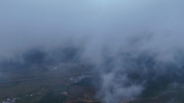 Guangxi Karst Basin at Dawn: Mist, Villages, Fields and High-Speed Rail