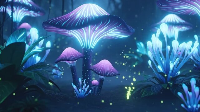 Cinematic macro shot of alien bioluminescent mushrooms and glowing plants in a dark misty forest, fantasy dreamscape concept, 4K