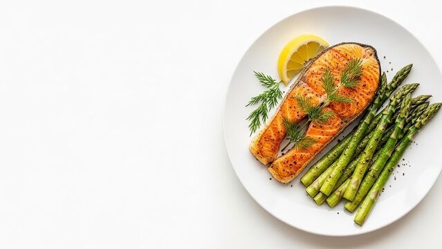 Delicious grilled salmon steak with fresh asparagus and lemon slice