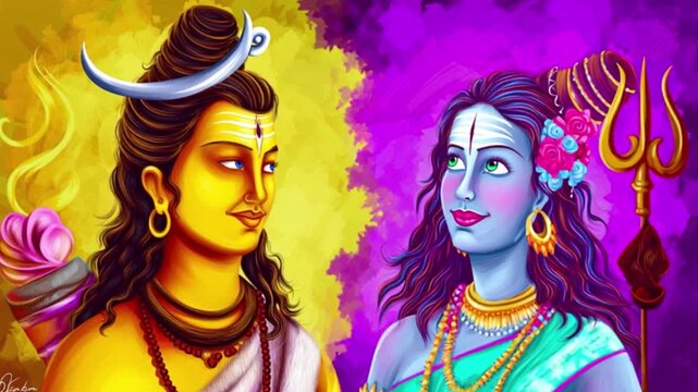 Radiant digital art of Hindu gods Shiva and Parvati symbolizing divine love balance and spiritual energy vibrant colors sacred mythology devotion culture inspirational artwork
