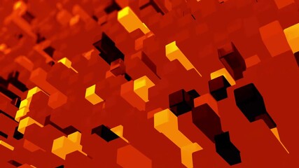 Abstract background of glowing orange and red 3D cubes moving in a rhythmic wave pattern representing digital technology and geometric structure - Powered by Adobe