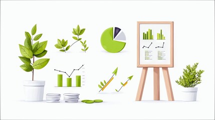 Illustration of financial growth concept with plants, charts, and graphs on a white background, symbolizing business and investment.