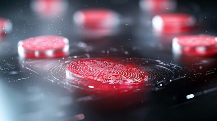 Close-up of a glowing red fingerprint on a digital interface, representing security and technology. Other glowing circles are visible in the background, with a