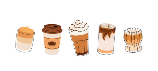 Cute coffee drinks collection, kawaii cups with latte art, whipped cream, boba tea, and cozy espresso. Adorable hot beverages set, cartoon flat vector illustration for cafe menu, stickers