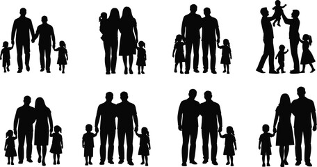 Family silhouettes collection featuring parents and children, group figures, loving family moments, unity concept, togetherness illustration for community and lifestyle design