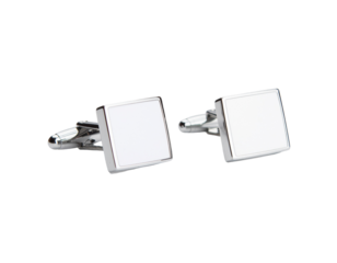 A pair of stylish square cufflinks with a sleek metallic finish and a smooth, reflective surface for formal attire