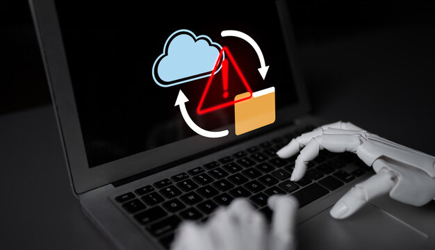 A robotic hand types on a laptop featuring a cloud storage error alert. This illustration represents modern technology, automation, and digital security challenges. Gantry