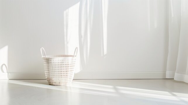 Minimalist White Room with Laundry Basket and Sunlight
