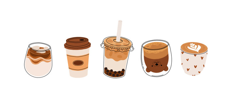 Cute coffee drinks collection, kawaii cups with latte art, whipped cream, boba tea, and cozy espresso. Adorable hot beverages set, cartoon flat vector illustration for cafe menu, stickers
