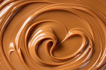 Sweet melted caramel sauce texture background with swirls. Liquid boiled condensed milk or toffee cream pattern close up. Full frame dessert wallpaper.
