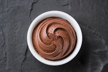 Delicious chocolate mousse cream in a white bowl with cocoa sprinkles on dark slate background. Sweet dessert pudding top view.