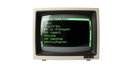 Vintage computer monitor displaying green text on a black screen.