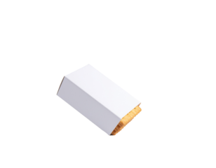 A plain white rectangular box with a partially open flap revealing a wooden interior surface