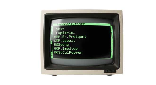 Vintage computer monitor displaying green text on a black screen.