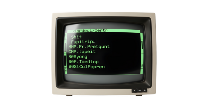Vintage computer monitor displaying green text on a black screen. - Powered by Adobe