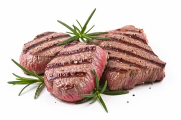 Delicious grilled beef steak filet mignon with rosemary and peppercorns isolated on white background. Juicy barbecue meat concept for restaurant menu.