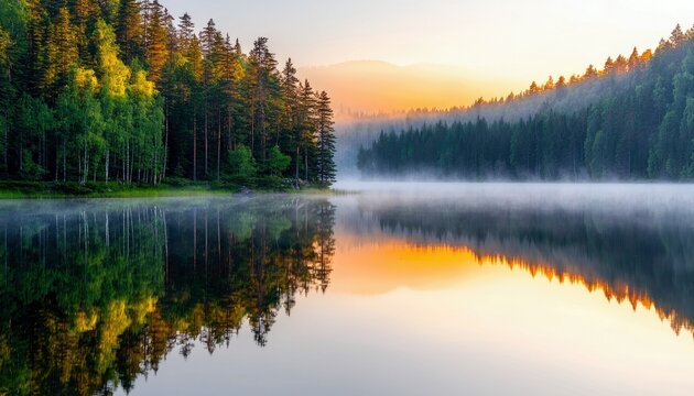 A serene landscape of a lake reflecting a forest at sunrise, with mist and fog creating a tranquil atmosphere.