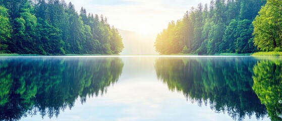 A tranquil lake reflects the surrounding forest and the bright sunrise, creating a symmetrical and peaceful landscape.