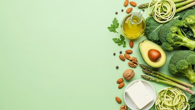 Fresh healthy green foods arranged on a light green background