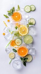 Fototapeta premium Overhead shot of various fruits, ice cubes, and mint leaves arranged on a white surface, creating a refreshing and vibrant composition.