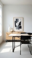 Fototapeta premium A minimalist modern dining room featuring a light wood table, black chairs, and abstract art above a wooden sideboard.