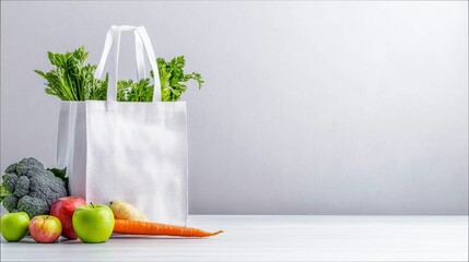 A white reusable shopping bag filled with fresh green vegetables, surrounded by apples, a carrot, and broccoli, all arranged on a white table. Healthy eating an