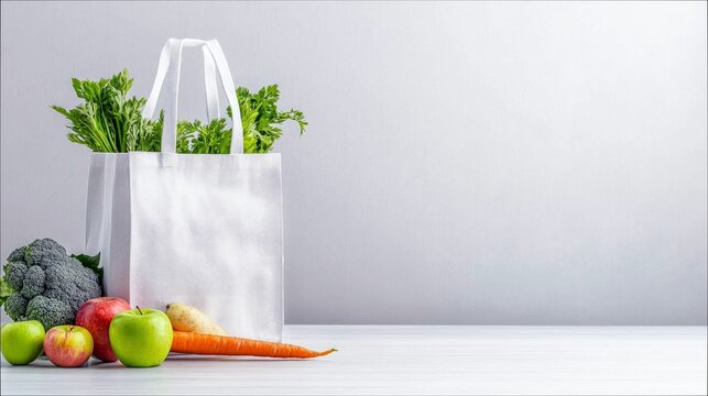 A white reusable shopping bag filled with fresh green vegetables, surrounded by apples, a carrot, and broccoli, all arranged on a white table. Healthy eating an