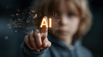 Finger Touching AI Artificial Intelligence Button on Digital Touchscreen Interface Technology