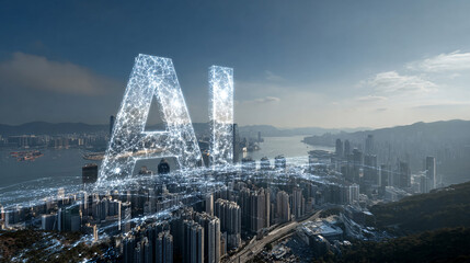 AI Artificial Intelligence Technology Concept with Futuristic Digital Cityscape Background