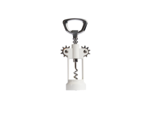 A corkscrew with a metallic handle and gear mechanism designed for opening wine bottles