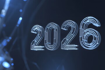 Digital 2026 glowing circuit board numbers on technology background