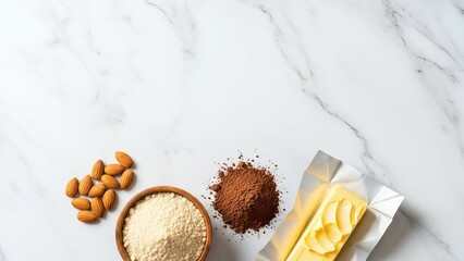 Baking ingredients including almonds almond flour cocoa powder and butter on marble surface